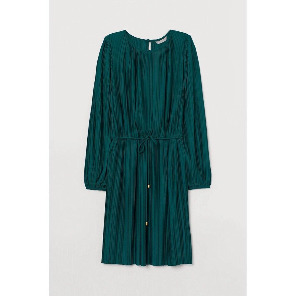 H&M Pleated Emerald Green‎ String Tie Dress Size Size M Holiday Party Christmas